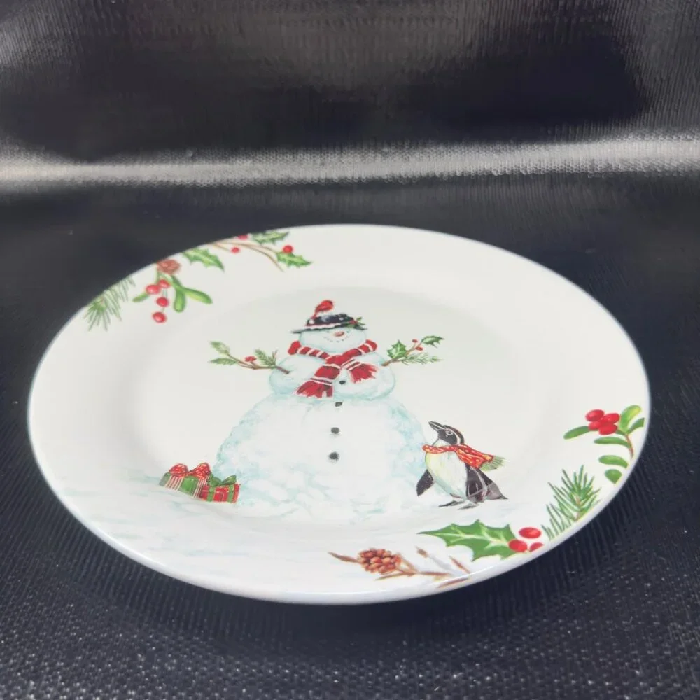 PIER 1 Winter Wonders Ironstone Plate Dish Set 4 Snowman Penguin Christmas 9inch
